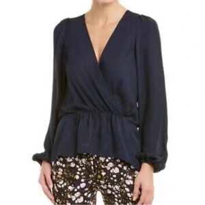 ALC NWT Navy Blue Silk V Neck Peplum Blouse Top Button Closure 4